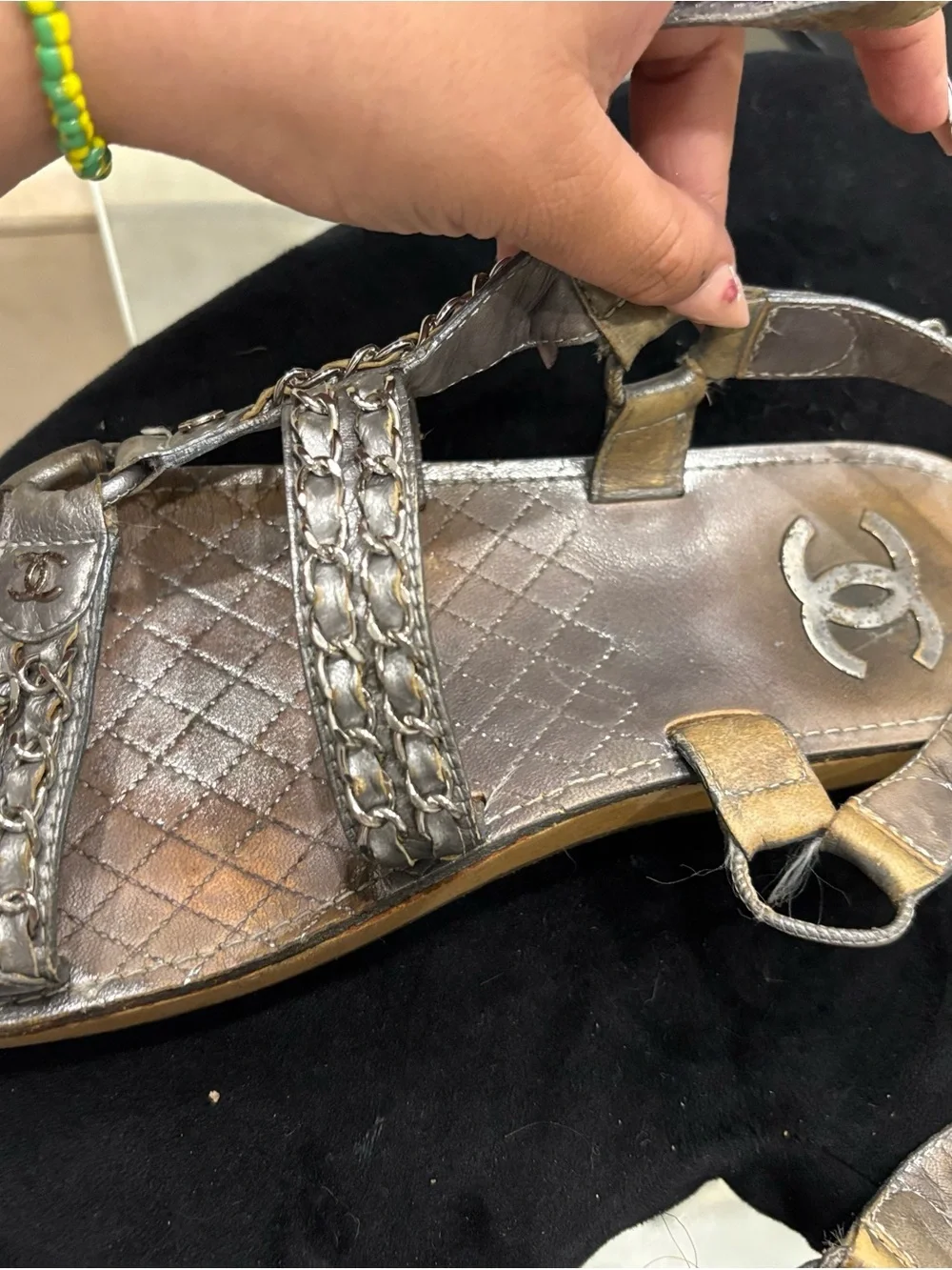 CHANEL Metallic Silver Braided Chain Leather Sandals